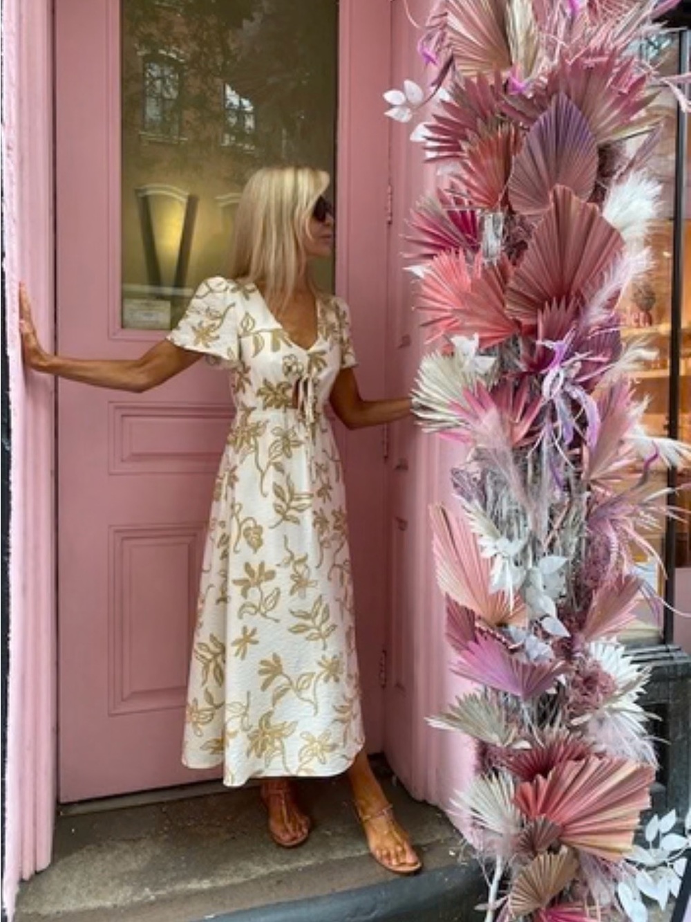 Mango Cream Maxi Dress with Gold Floral Print